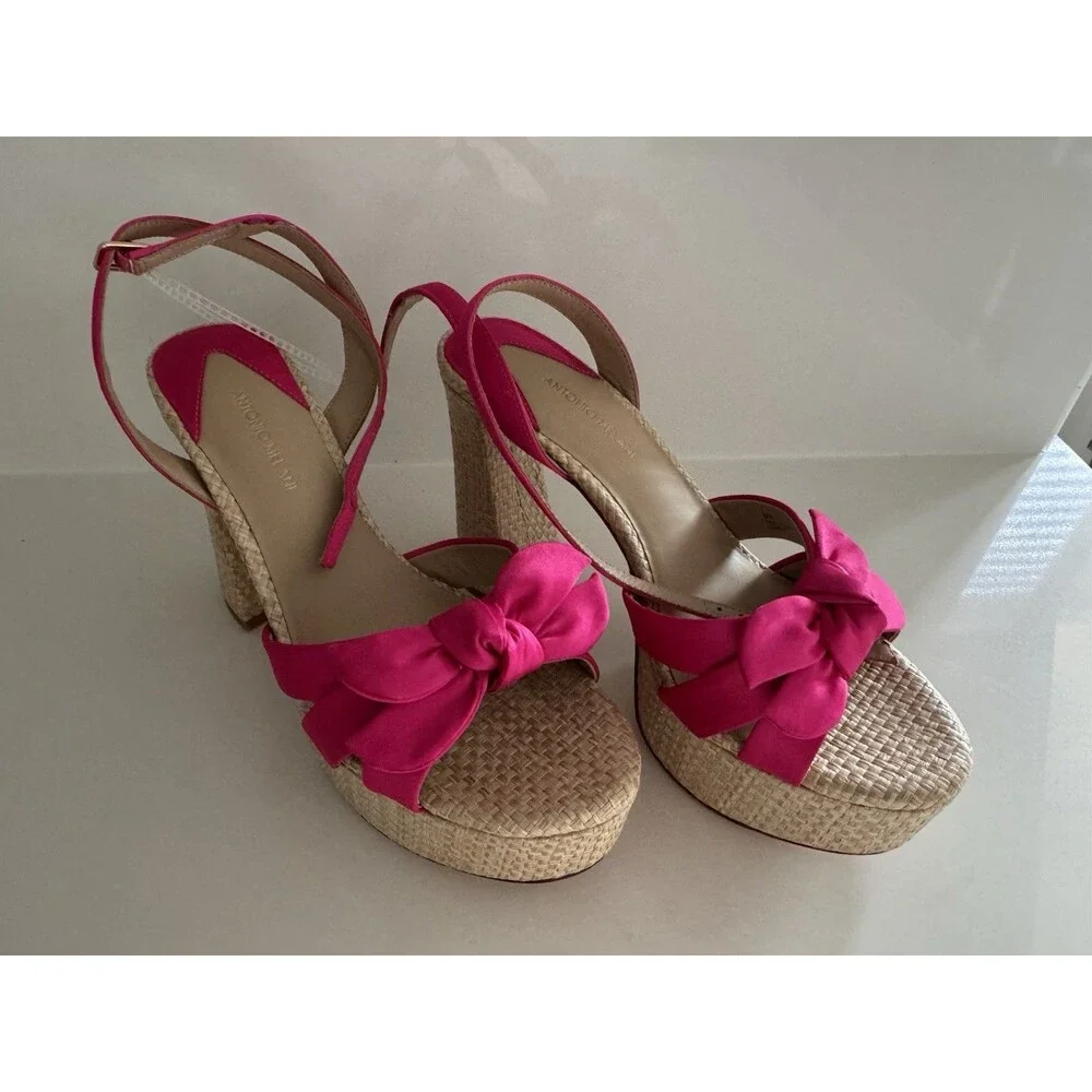 Antonio Melani Bindi Satin Bow Raffia Platform Sandal Hot Pink heel Size 8M NEW